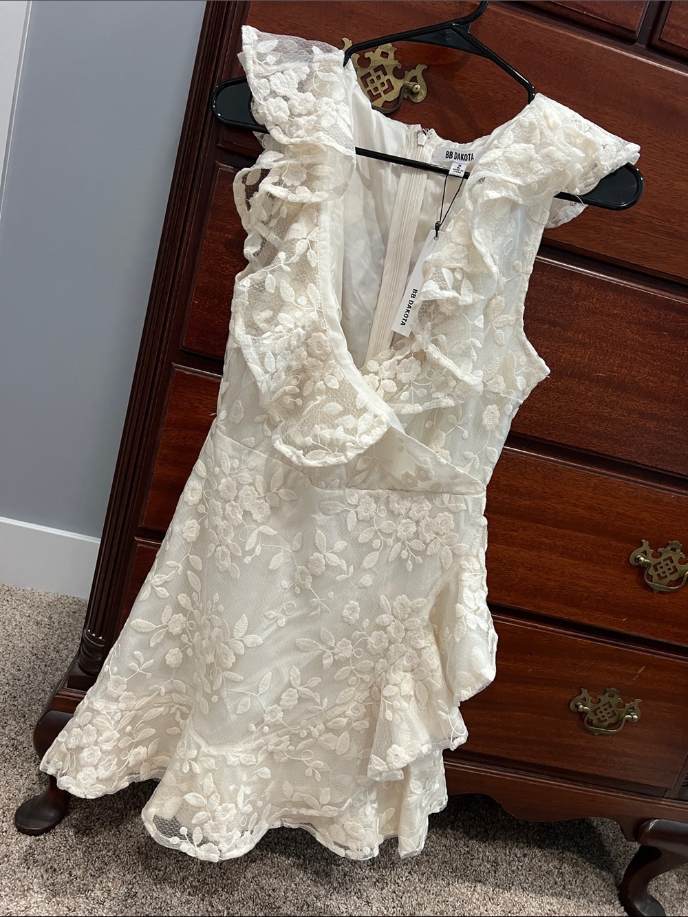 BB Dakota Ivory Floral Lace Mini Dress with Ruffles with faux wrap and back zip